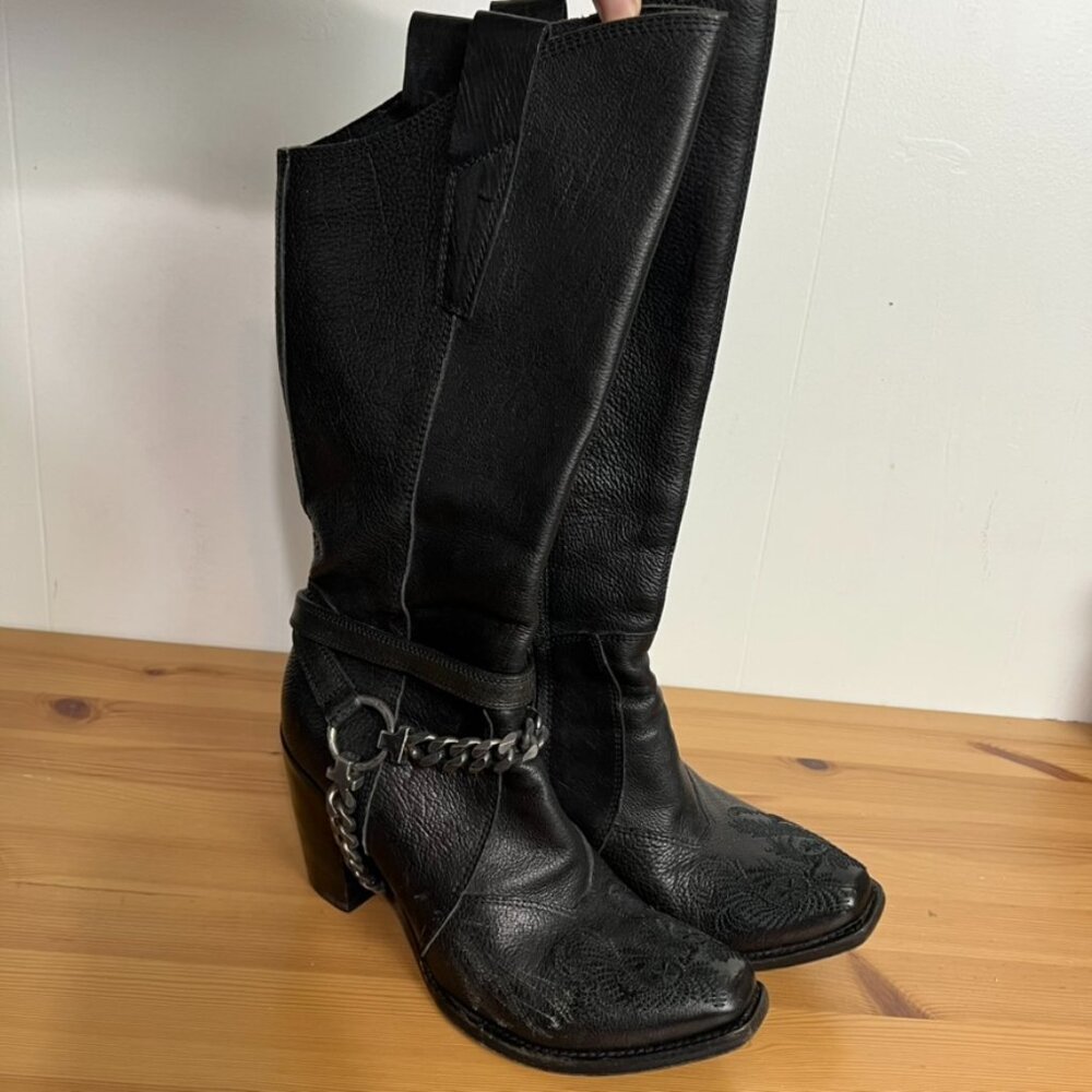Gianni Barbato Tall Cowboy Boots EU 39.5 US 9 Black Leather Vintage Buckle Chain